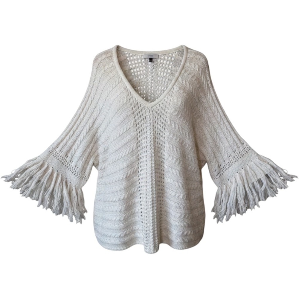 Cabi Cotton Blend Sweater L White Fringe Cable Knit Pointelle V-Neck Fiesta